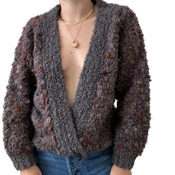 Vintage 1980s Eric Gregory Hand Knit Wool Fluffy Sexy Hippie Cardigan Sz M - Picture 1 of 7